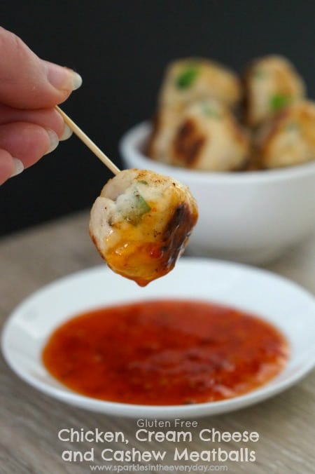 Gluten Free Chicken, Cream Cheese and Cashew Meatballs served with sweet chilli dipping sauce! 