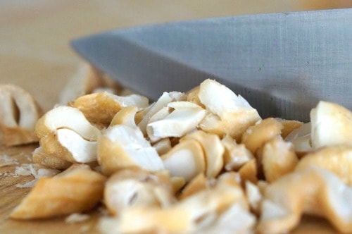 chopping the cashews for Gluten Free Chicken, Cream Cheese and Cashew Meatballs 