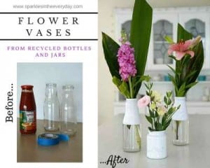 Flower vases form recycled bottles and jars before and after