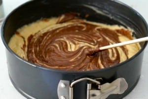 Swirling the chocolate through the Chocolate and Banana Cake
