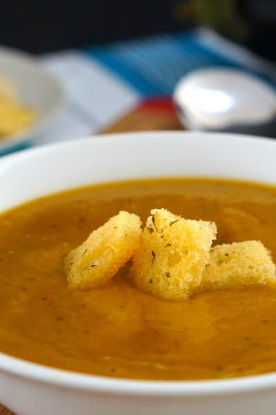 Eggplant and Roasted Vegetable Soup with gluten free croutons
