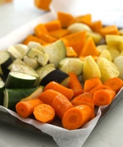 a tray of vegetables for Eggplant and Roasted Vegetable Soup
