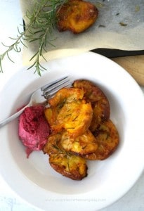 Easy Crispy Smashed Potatoes with Beetroot Hummus!